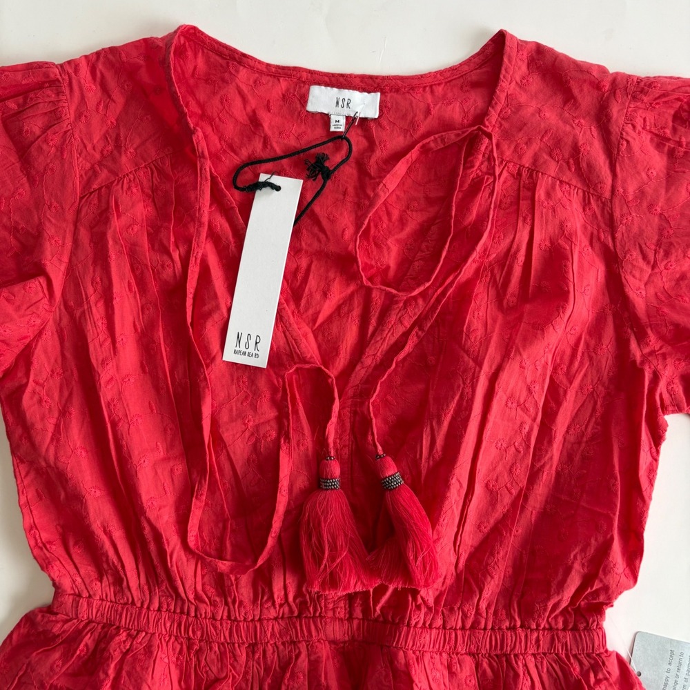NSR Women's Medium Red Kailani Tiered Mini Dress VNeck Eyelet Short Sleeve NWT